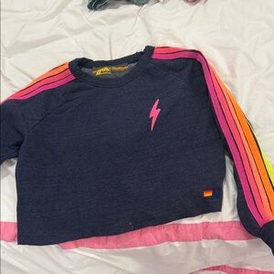 Aviator Nation  Navy Sweatshirt with Pink Lightning and Rainbow Stripes